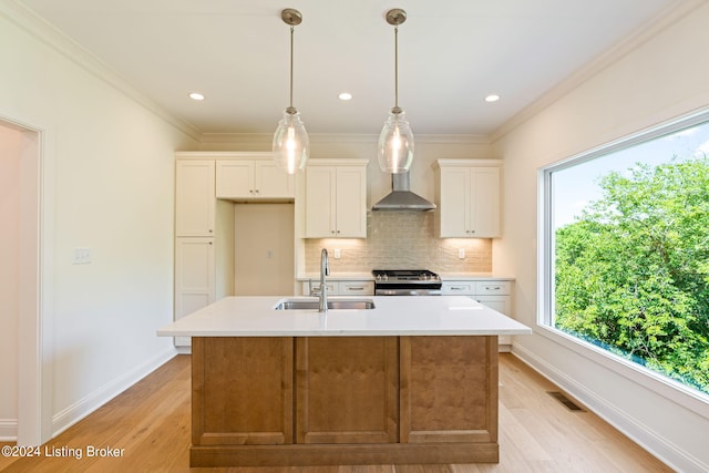 kitchen with stainless steel range oven, white cabinetry, a kitchen island with sink, and sink