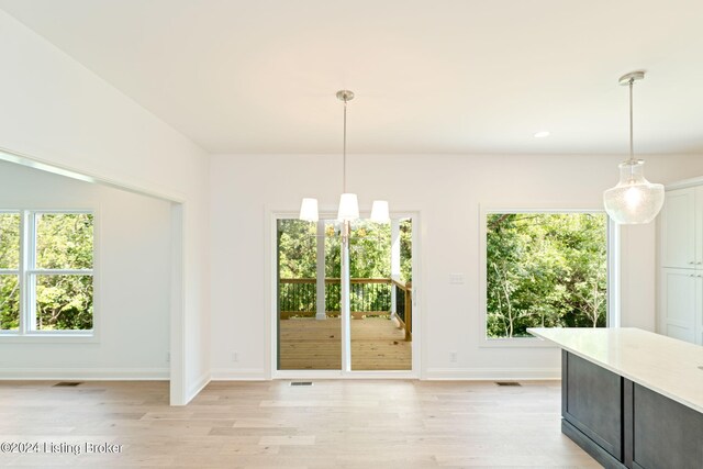 doorway featuring light hardwood / wood-style floors, a notable chandelier, and a healthy amount of sunlight