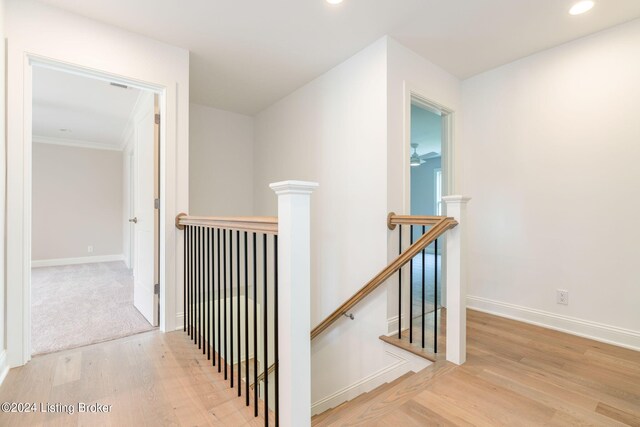 hallway with ornamental molding and light hardwood / wood-style floors