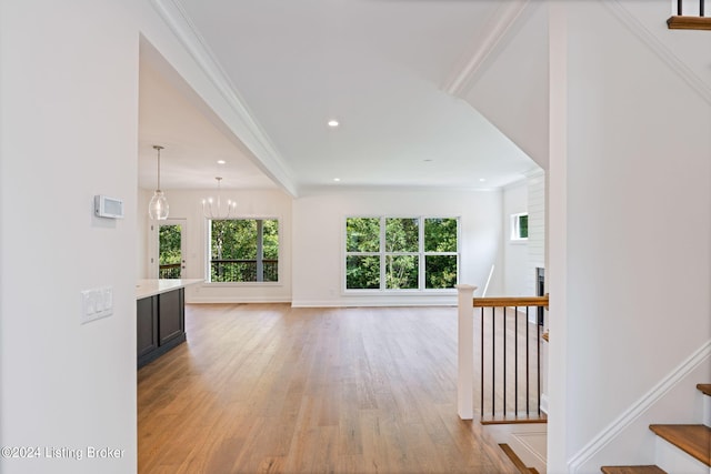 6715 Hypoint Ridge Rd, Crestwood, KY 40014 - hall featuring stairs, crown molding, light wood-style flooring, baseboards, and recessed lighting