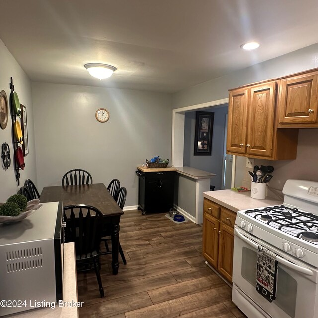 kitchen featuring dark wood-type flooring and white gas range