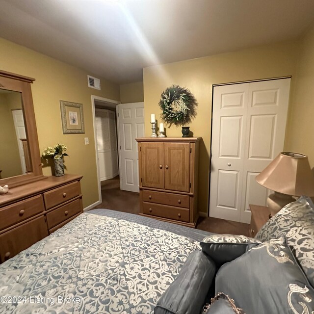 bedroom with dark colored carpet and a closet