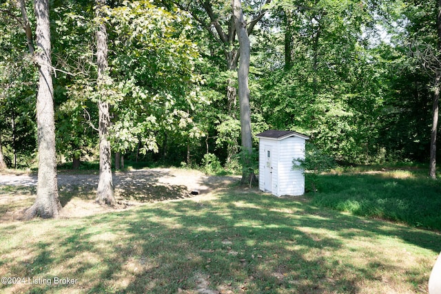 view of yard featuring a storage unit