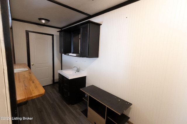 interior space with ornamental molding, dark hardwood / wood-style flooring, a textured ceiling, and sink