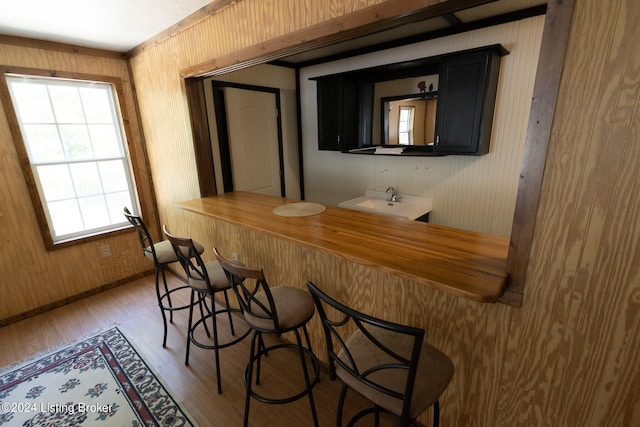 bar with wood walls, sink, and wood-type flooring