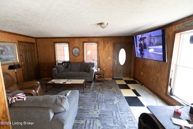 living room featuring a textured ceiling, a wealth of natural light, and wood walls