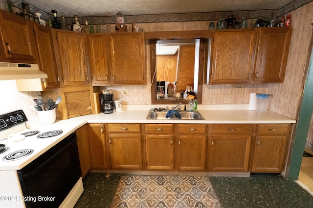 kitchen with white range with electric stovetop, a textured ceiling, and sink