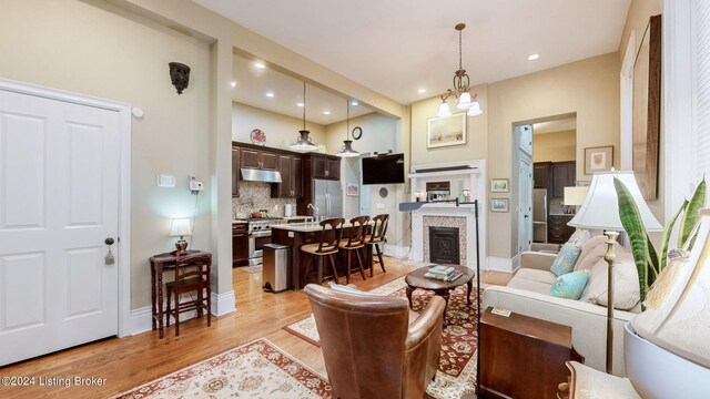 living room featuring light hardwood / wood-style flooring and sink