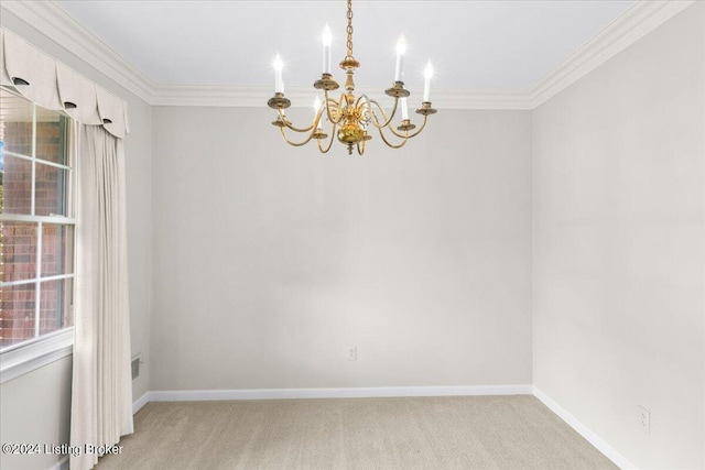 unfurnished room featuring baseboards, light carpet, a chandelier, and crown molding