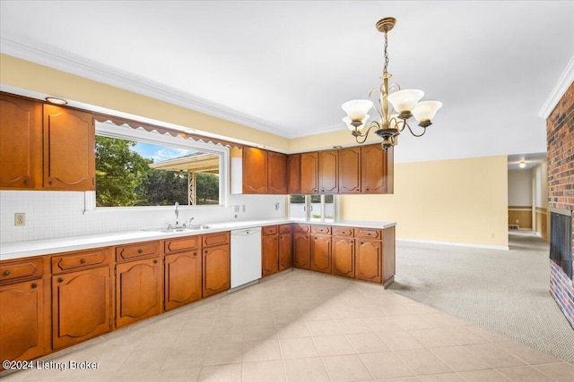 kitchen with dishwasher, brown cabinetry, and light carpet