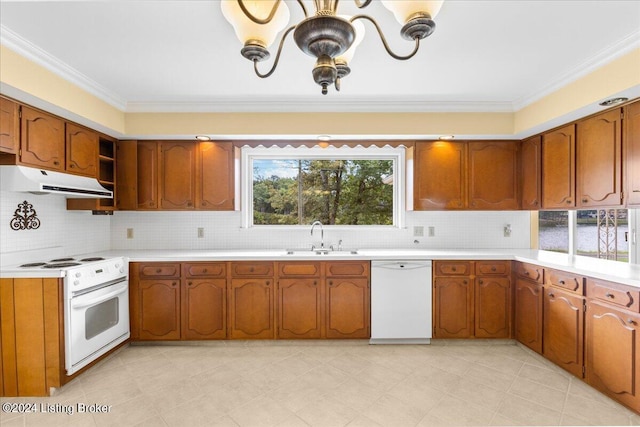 kitchen with under cabinet range hood, ornamental molding, white appliances, and a sink