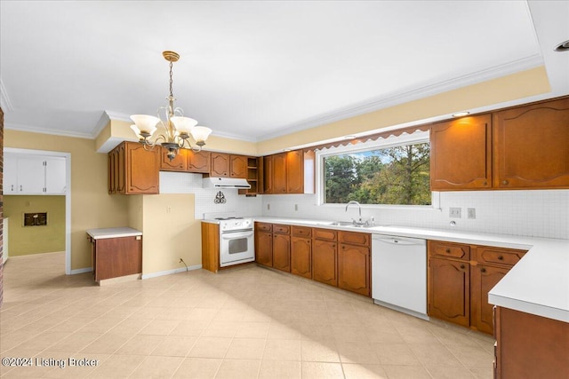 kitchen with under cabinet range hood, white appliances, brown cabinets, and a sink