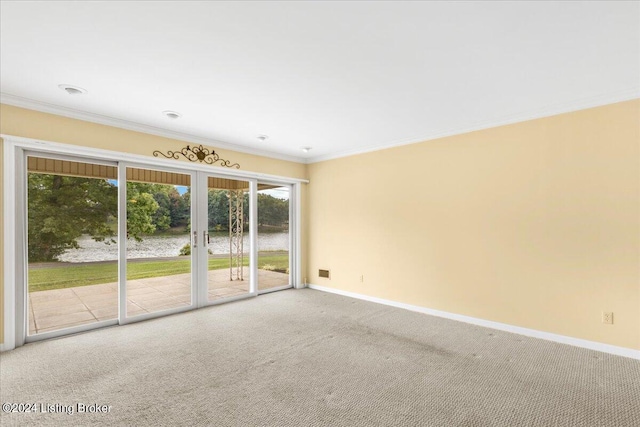 spare room with baseboards, carpet, and ornamental molding