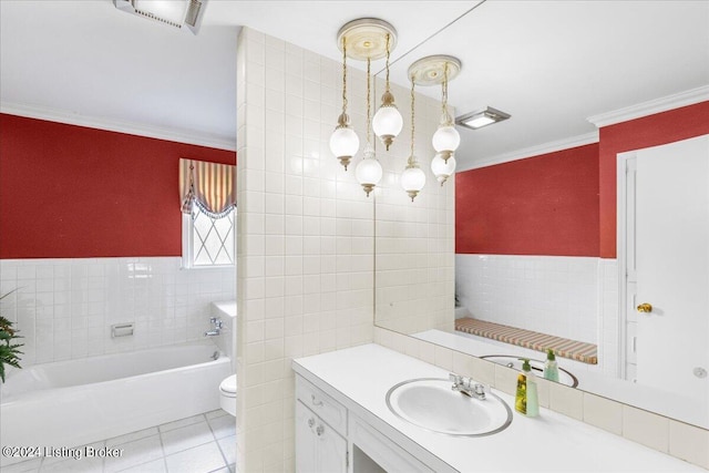 bathroom featuring tile patterned flooring, visible vents, crown molding, a bathing tub, and tile walls