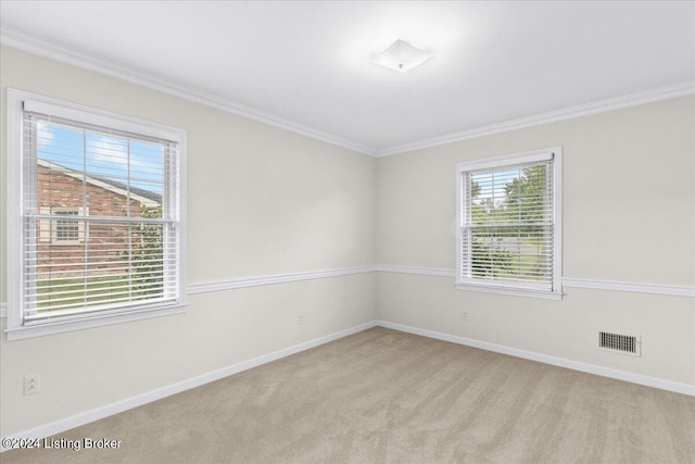 carpeted spare room with visible vents, baseboards, and ornamental molding
