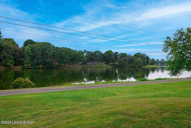 view of home's community with a lawn and a water view
