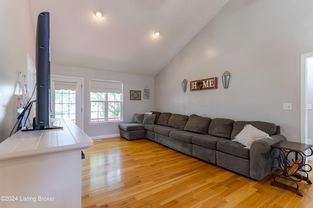 living room featuring light wood-type flooring and high vaulted ceiling