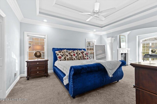 carpeted bedroom featuring ceiling fan, a raised ceiling, and ornamental molding