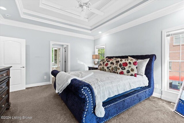 bedroom featuring a tray ceiling, ceiling fan, carpet floors, and ornamental molding