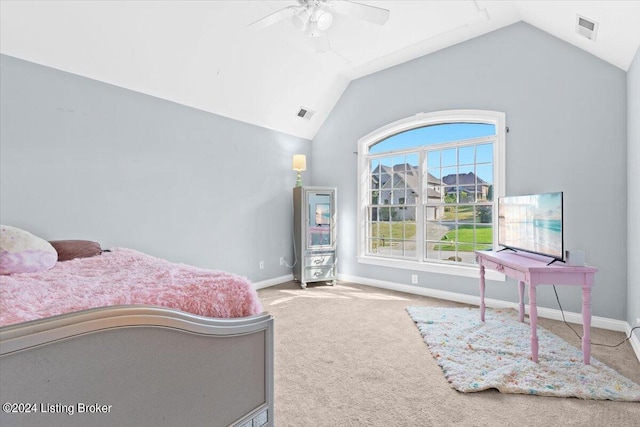 bedroom featuring vaulted ceiling, baseboards, visible vents, and carpet floors