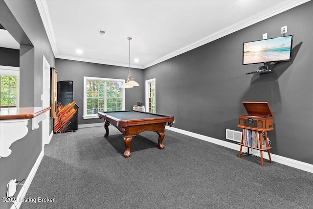 recreation room featuring baseboards, carpet floors, visible vents, and crown molding