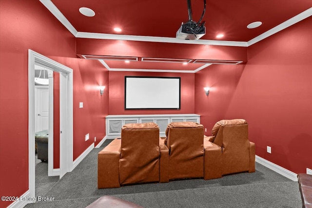 carpeted home theater with crown molding