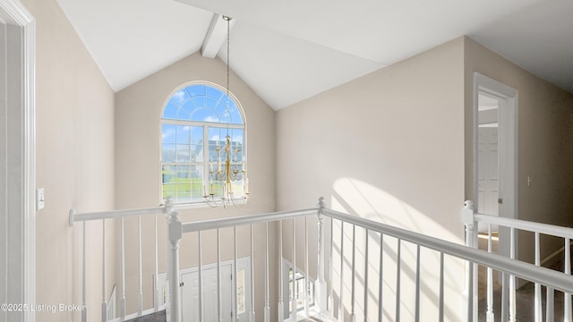 hallway featuring vaulted ceiling with beams