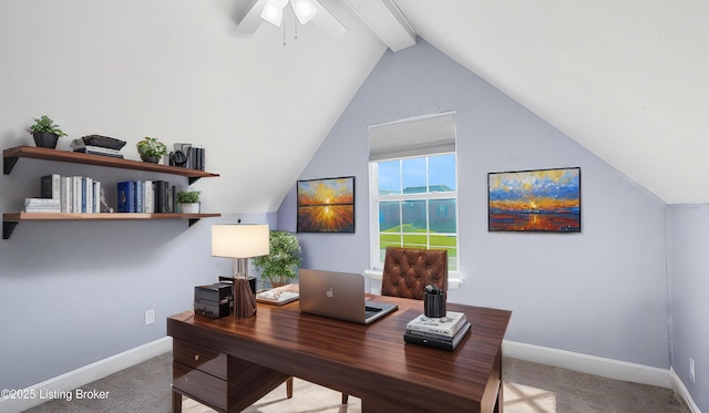 carpeted office featuring vaulted ceiling with beams and ceiling fan