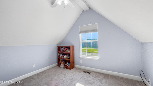 bonus room with ceiling fan, lofted ceiling, and light carpet