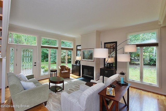 living room with plenty of natural light, ornamental molding, and light hardwood / wood-style flooring