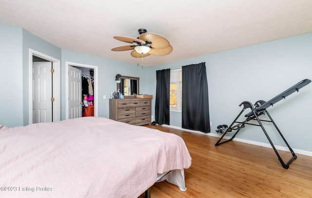 bedroom featuring light wood-type flooring, a walk in closet, ceiling fan, and a closet