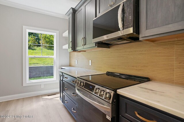 kitchen with ornamental molding, plenty of natural light, light hardwood / wood-style flooring, and stainless steel appliances