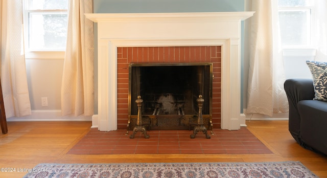 details featuring a fireplace and wood-type flooring