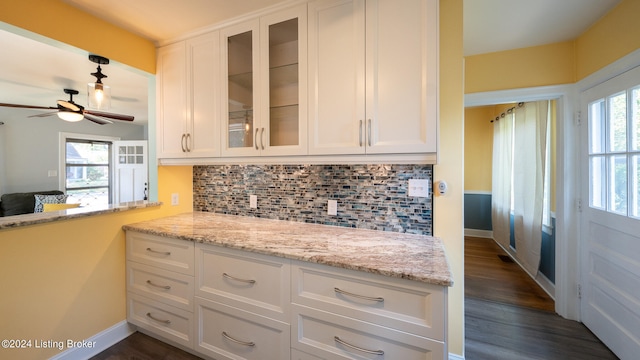 kitchen with dark hardwood / wood-style flooring, a healthy amount of sunlight, light stone counters, and ceiling fan