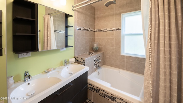 bathroom with vanity and shower / tub combo with curtain