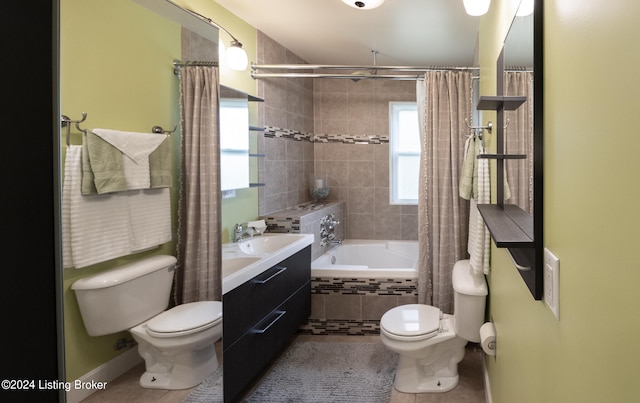 full bathroom with vanity, toilet, shower / tub combo with curtain, and tile patterned flooring