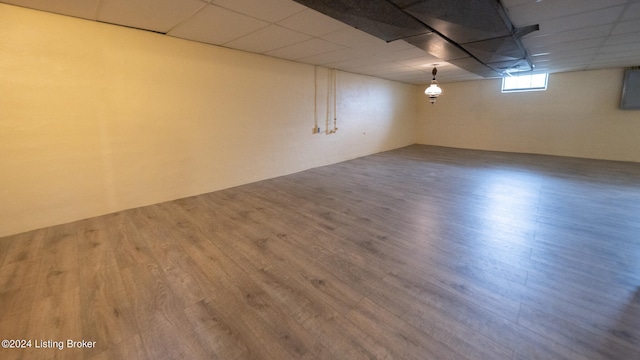 basement featuring hardwood / wood-style floors and a drop ceiling