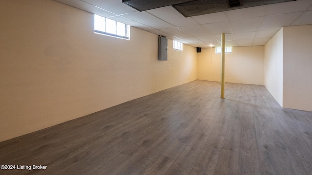 basement featuring electric panel, dark wood-type flooring, and a drop ceiling