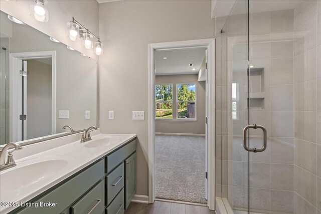 196 Harvest Moon Ct Unit 219A, Shepherdsville, KY 40165 - full bath featuring double vanity, a shower stall, and baseboards
