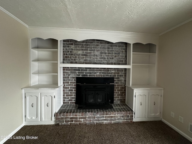 unfurnished living room featuring ornamental molding, dark carpet, a textured ceiling, and baseboards