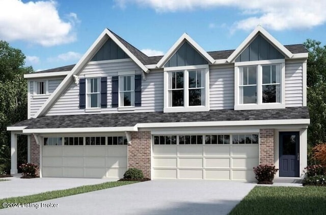 view of front facade with a garage, brick siding, board and batten siding, and driveway