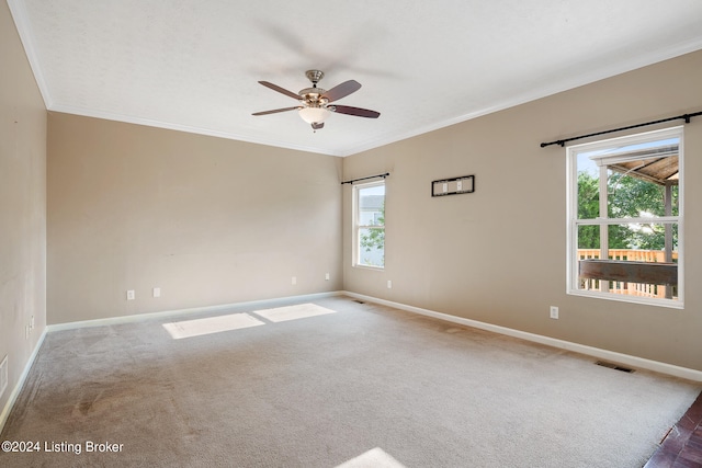 empty room with carpet, plenty of natural light, ornamental molding, and ceiling fan