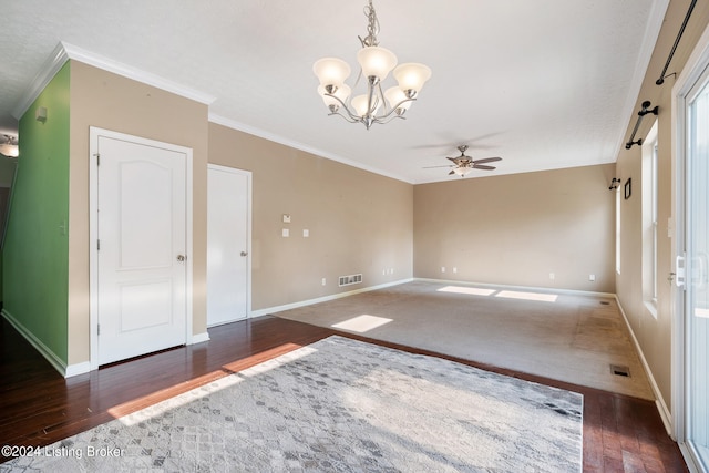 unfurnished room with crown molding, dark wood-type flooring, and ceiling fan with notable chandelier