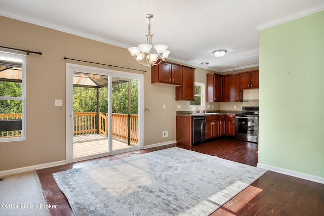 kitchen with dishwasher, a notable chandelier, crown molding, pendant lighting, and stainless steel range with electric stovetop