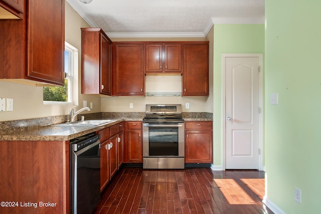 kitchen featuring stainless steel range with electric stovetop, dishwasher, dark wood-type flooring, crown molding, and sink