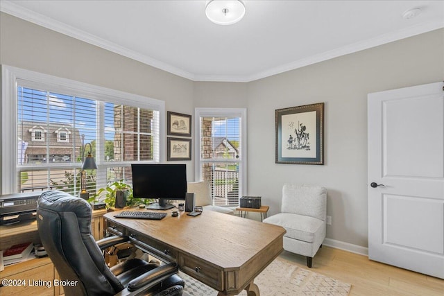 office space featuring light hardwood / wood-style floors and ornamental molding