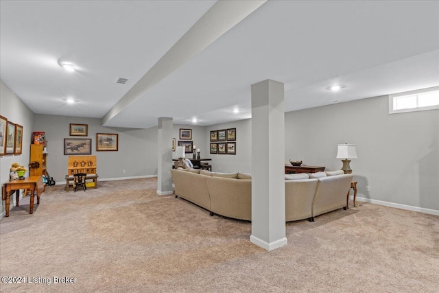 living room featuring light colored carpet