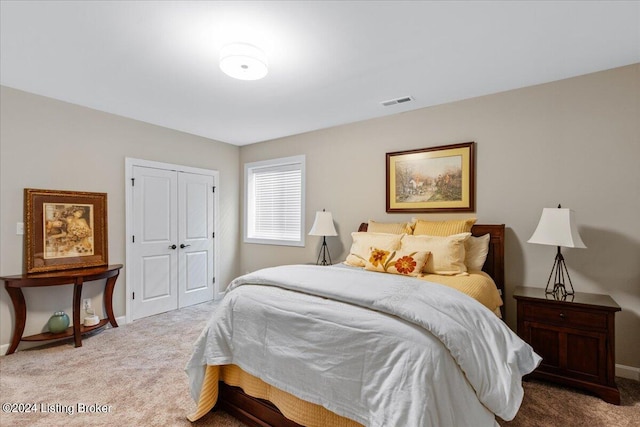 bedroom featuring carpet and a closet