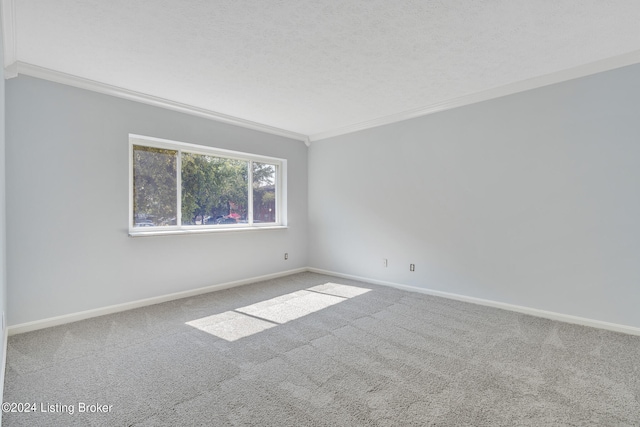 carpeted empty room with ornamental molding and a textured ceiling