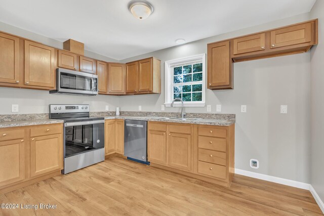 kitchen with light wood-type flooring, appliances with stainless steel finishes, and sink